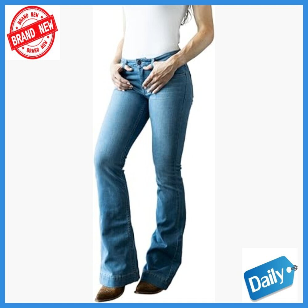 Mid-Rise Wide Flare Leg Jeans Tri-Blend Denim Stretch Fit